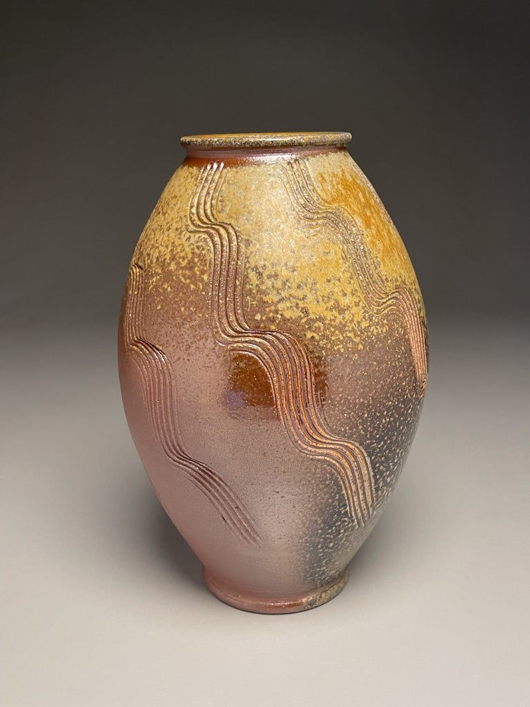 Combed Flower Vase in Ash and Salt Glazes, 10.75