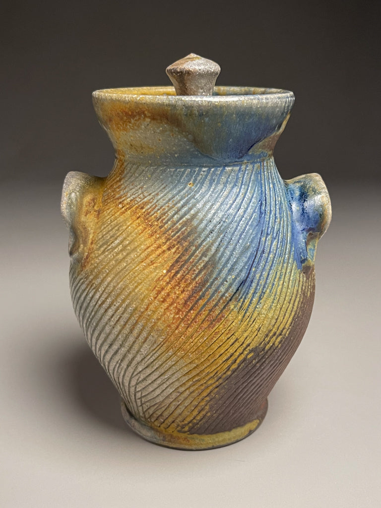 Handled Jar #2 in Cobalt, Yellow Matte, & Ash Glaze, 7.75