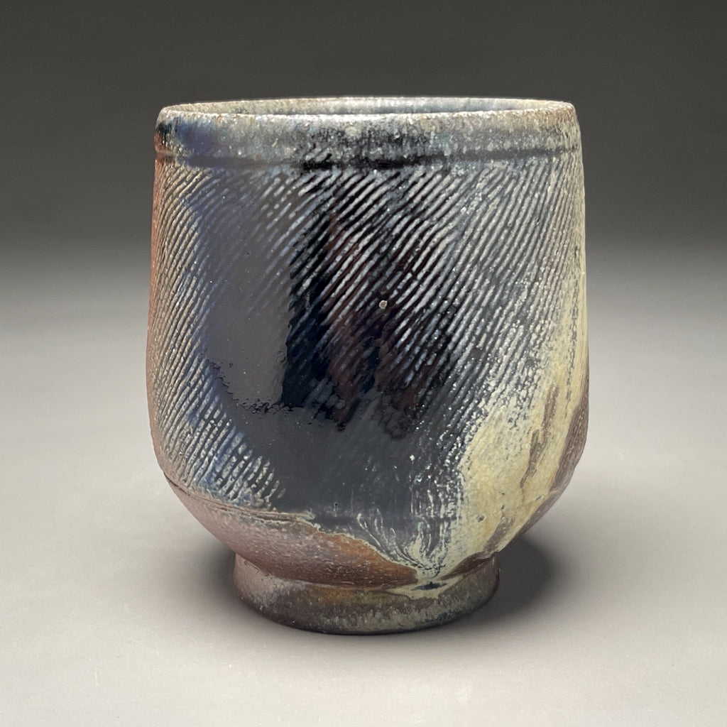 Combed Cup #1 with Salt, Cobalt, Yellow Matte and Ash Glazes, 4
