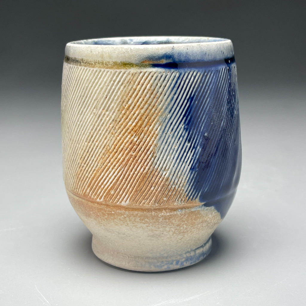 Combed Cup #2 with Salt, Cobalt, Yellow Matte and Ash Glazes, 4.25