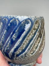 Load image into Gallery viewer, Carved Cup #2 with Salt, Cobalt, Yellow Matte and Ash Glazes, 3.75&quot;h (Tableware Collection)
