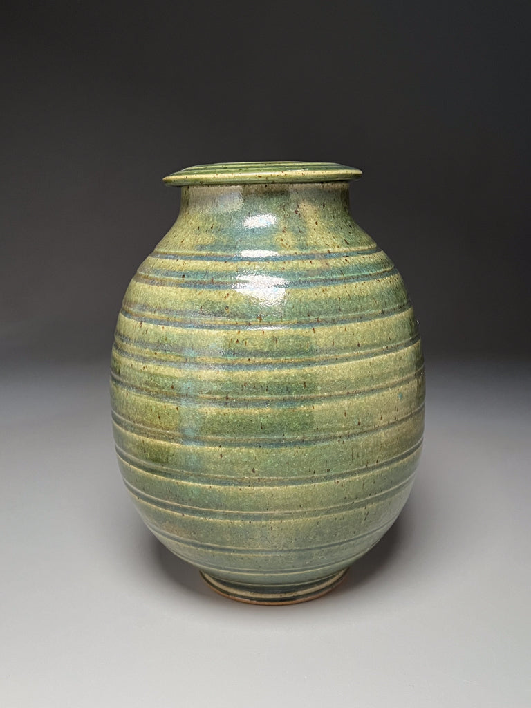 Carved Covered Jar in Patina Green, 10.5