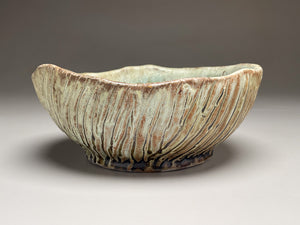 Coil Built Bowl with Carved Design in  Green Celadon Glaze, 8"d. (Elizabeth McAdams)