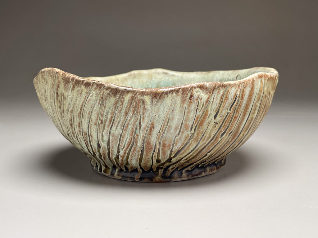 Coil Built Bowl with Carved Design in  Green Celadon Glaze, 8