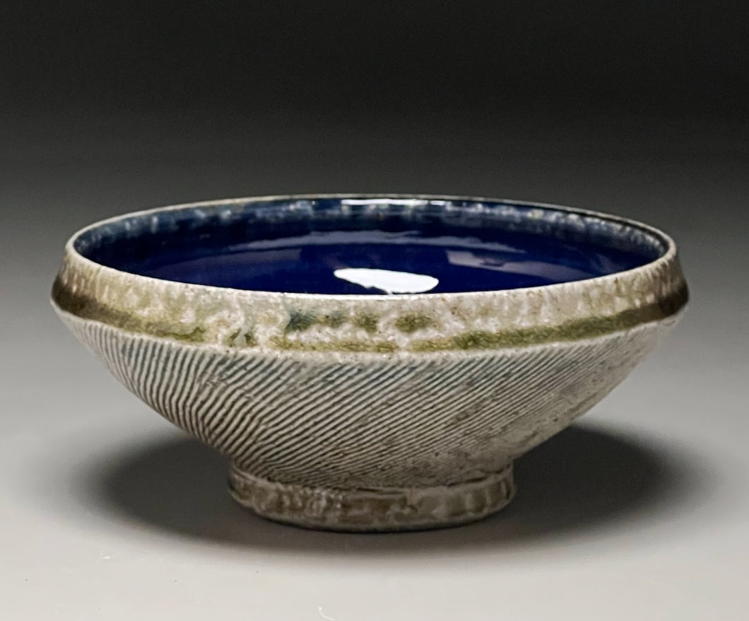 Bowl with Combed Lines in Salt and Cobalt Glazes, 5.5