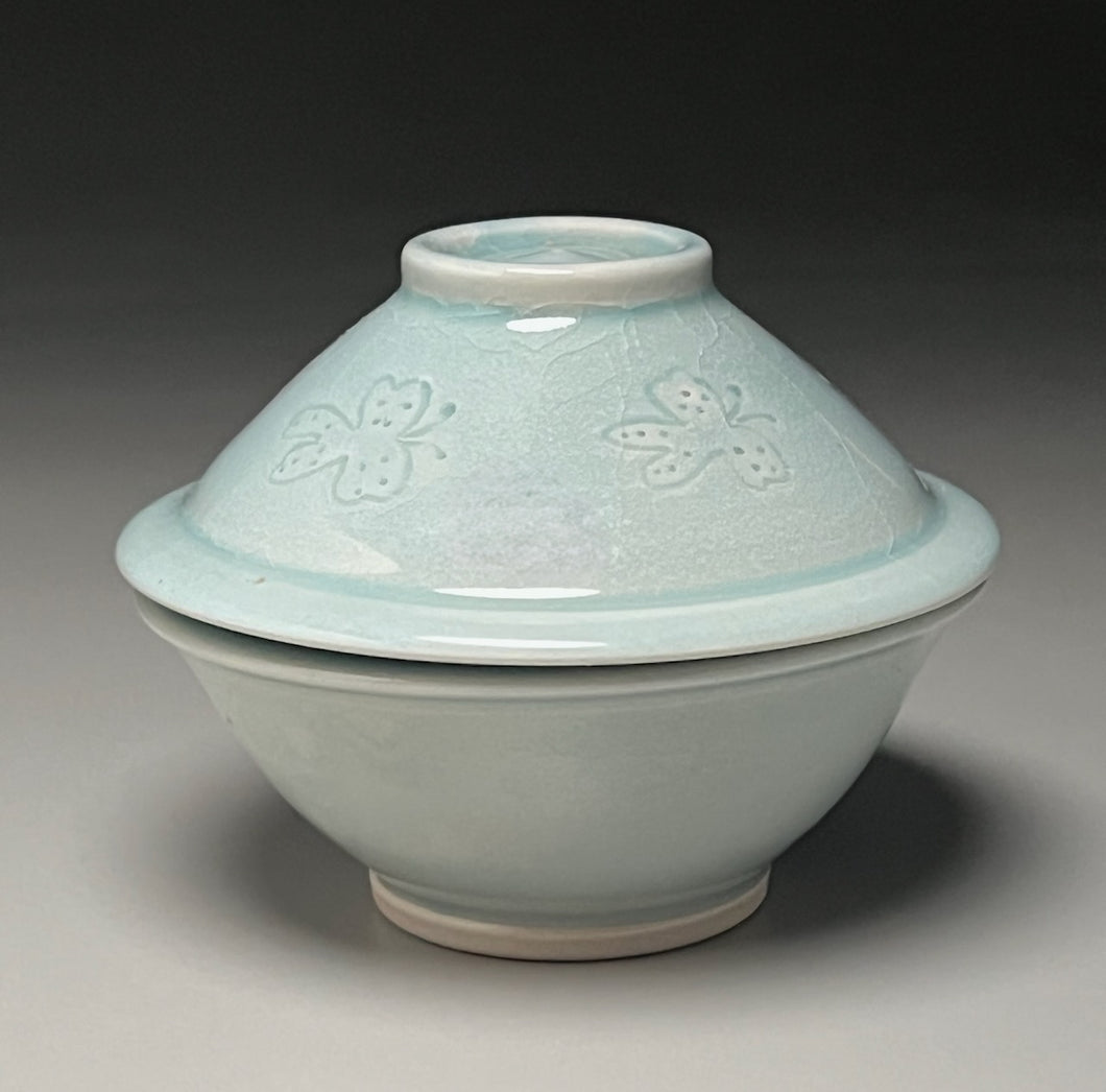 Carved Covered Dish in Blue Celadon, 5.25