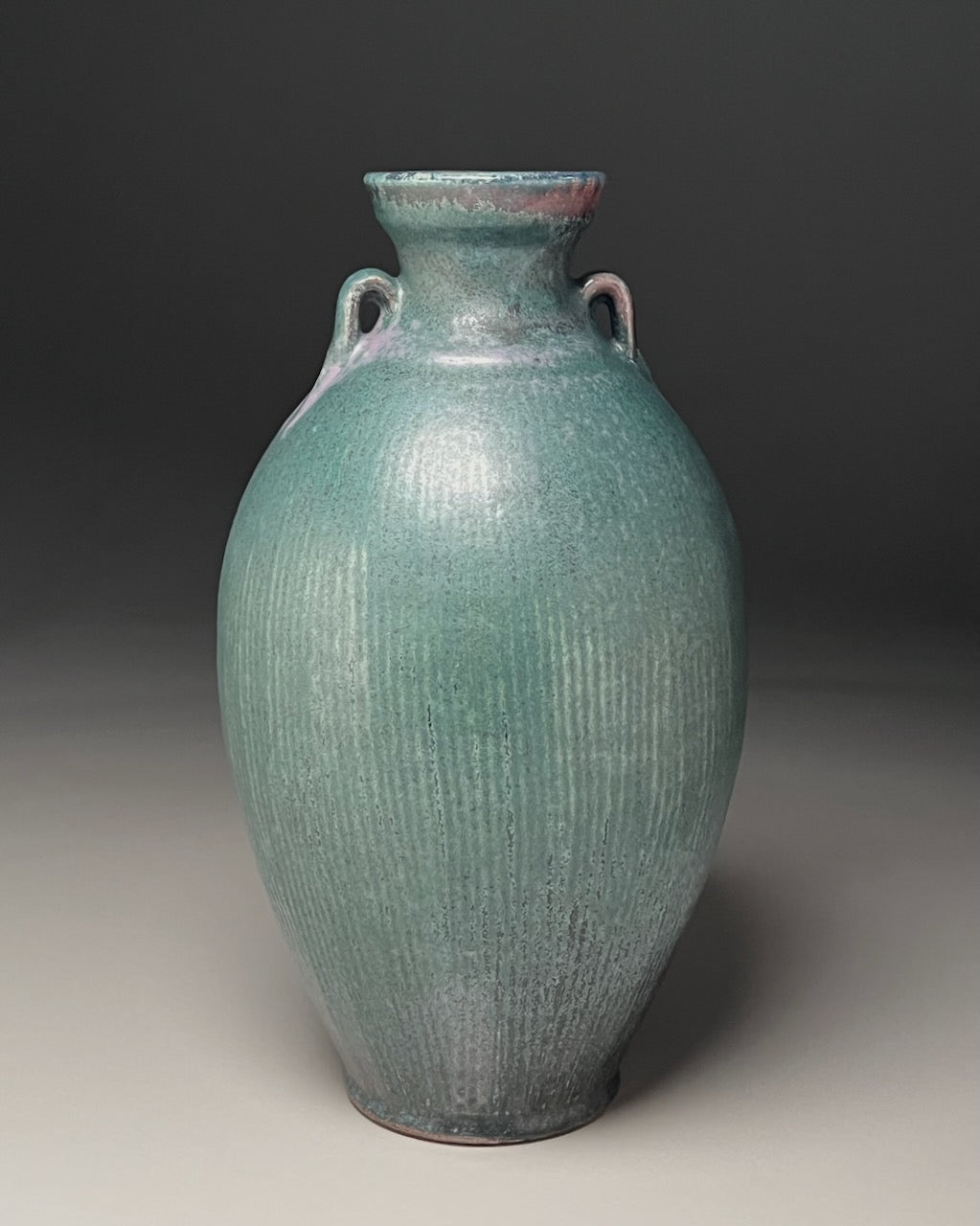 Two-Handled Vase with Combed Lines in Patina Green, 12.75