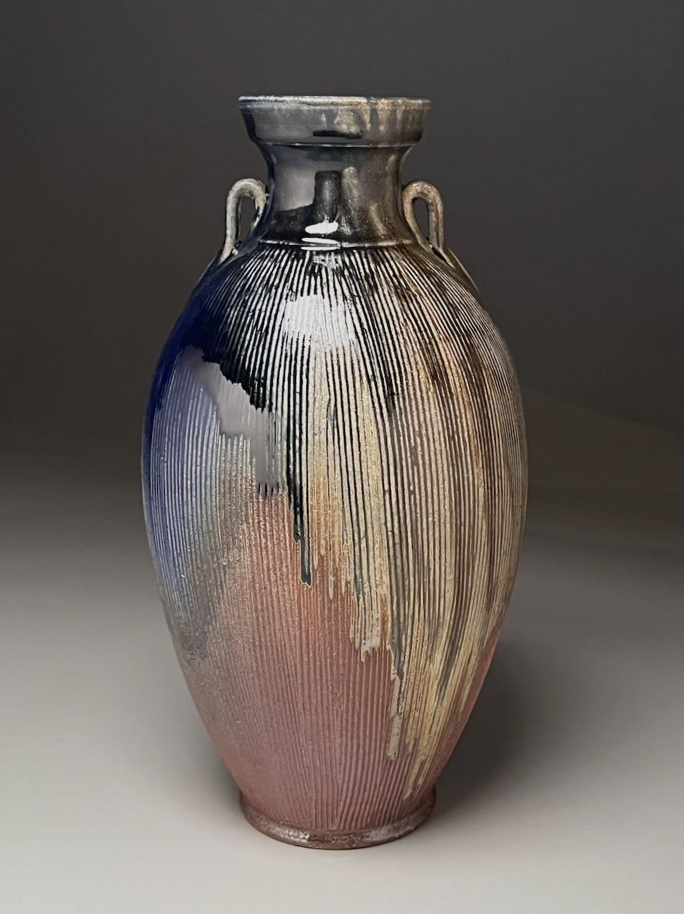 Combed Two-Handled Vase in Multi-Layer Glazes, 13.25