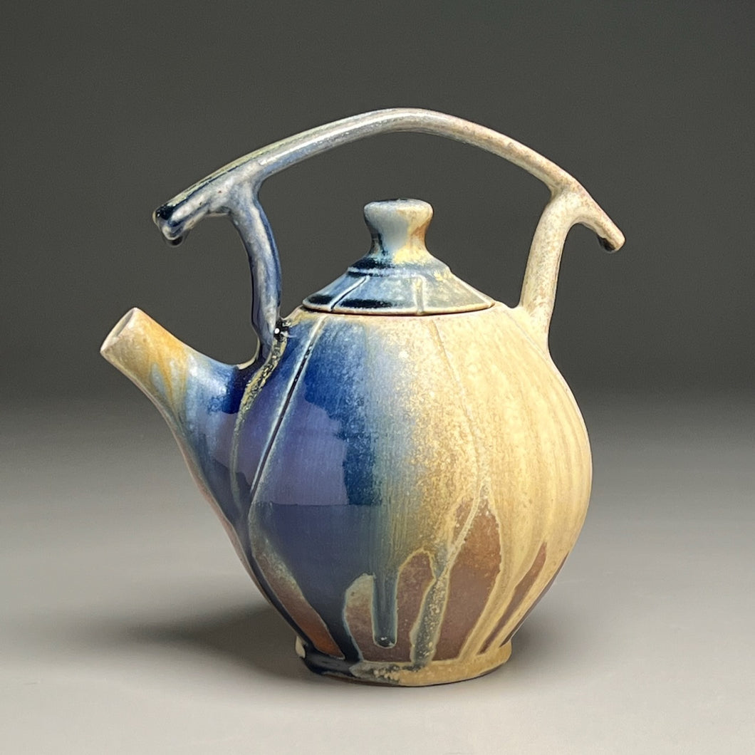 Melon Teapot #2 with Post-and-Lintel Handle in Cobalt, and Ash Glazes, 8.5