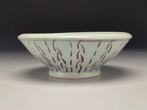 Bowl #1 in Blue Celadon with Copper Red designs, 6.75"dia. (Elizabeth McAdams)