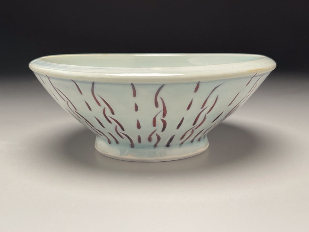 Bowl #1 in Blue Celadon with Copper Red designs, 6.75