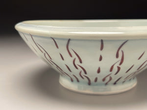 Bowl #1 in Blue Celadon with Copper Red designs, 6.75"dia. (Elizabeth McAdams)